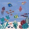 Cartoon sea bottom with colorful fishes