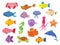 Cartoon sea fish. Cute animal kids in ocean or aquarium. Summer marine wildlife. Dolphin and stingray. Colorful octopus