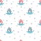 Cartoon Sea liners, anchors, seagulls. Seamless color vector pattern on a white background.