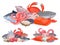 Cartoon seafood products design for menu, shop poster or package. Pile with ocean fish, lobster, oysters and crab