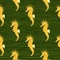Cartoon seahorse orange bright silhouettes animal print seamless pattern. Green dark striped background