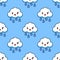 Cartoon seamless pattern cloud rainy cute kawaii character. Flat design Vector