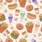 Cartoon seamless pattern with fast food and milkshakes.