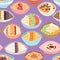 Cartoon seamless pattern healthy oatmeal porridge in bowls with different organic fillings and traditional diet oat