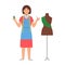 Cartoon seamstress with thread, needle and mannequin, character for children. Flat vector illustration