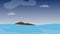 Cartoon seascape background with island, clouds, blue sky and ocean.