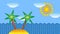 Cartoon seascape with an island, palm tree, sun and clouds.