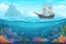 Cartoon seascape with sailing ship, underwater game level. Pirate frigate over water with deep sea coral reefs with