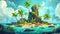 A cartoon seascape with a tropical island with palm trees, rock formations and sand beach with bonfire on a lost island