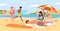 Cartoon seaside panorama scenery with tourist friends or couple characters sunbathe, man surfer with surfboard walking