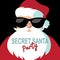 Cartoon Secret Santa invitation template with Santa Claus on a black background