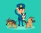 Cartoon security guard policeman with police guard dogs