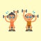 Cartoon senior man and woman doing alternate seated dumbbell press exercise