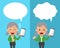 Cartoon a senior woman with smartphone expressing different emotions with speech bubbles