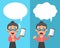 Cartoon senior woman with smartphone expressing different emotions with speech bubbles