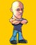 Cartoon serious bald man standing with arms crossed on chest