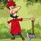 Cartoon serious lumberjack in forest with an ax