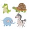 Cartoon set of African wild animals. Crocodile, turtle, elephant and zebra characters. Cute zoo or safari park inhabitants.