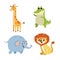 Cartoon set of African wild animals. Giraffe, crocodile, elephant and lion characters. Cute zoo or safari park inhabitants.