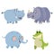 Cartoon set of African wild animals. Hippo, crocodile, elephant and rhino characters. Cute zoo or safari park inhabitants.