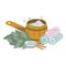 Cartoon set of bath and sauna accessories, spa treatments. Hygiene products. Birch broom, soap, bath with water, towels