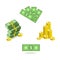 Cartoon set of bill money currency images with green dollar paper banknotes and gold coins.