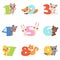 Cartoon set with colorful numbers from 1 to 9 and animals. Calf, fox, cat, dog, rabbit, bear, duckling, squirrel