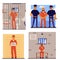 Cartoon set of criminal men in prison uniform in or going to jail