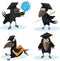 Cartoon set crow with bachelor cap and globus vector image