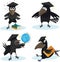 Cartoon set crow with bachelor cap and globus vector image