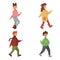 Cartoon set of cute kids in motion. Funny school boys and girls are walking