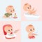 Cartoon set cute little babies. Cute newborn baby. Baby sitting, crawling