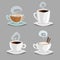 Cartoon set of different coffee cups. White and clean glass cups with cappuccino, black coffee, latte with heart draw milk cream.