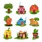 Cartoon set of fairy-tale houses in various shapes. Home in form of broccoli, cake, pumpkin, carrot, teapot, shoe