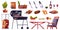 Cartoon set of food and furniture for bbq picnic