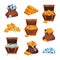 Cartoon set with full bags and wooden chests of pirate treasures, piles of golden bars, coins, diamonds and rubies. Flat