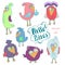 Cartoon set of funny colourful bird. Little cute birds isolated. Vector illustration collection.
