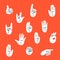 Cartoon set of gestures, flat style. Hands different movements hand-drawn palms, fingers showing numbers, like, fist, stop, ok.