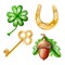 Cartoon set of good luck symbols: clover, golden key, horseshoe, acorn. Isolated on white background