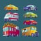 Cartoon set of icons of urban transport. Fire truck, ambulance, police car, school bus, taxi, private cars.