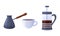 Cartoon set of kitchen tools for coffee. Vector set of mug, cezve, french press. Isolated on a white background.