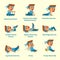 Cartoon set of man doing warm-up and exercises