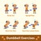 Cartoon set of old man doing dumbbell exercise step for health and fitness