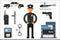 Cartoon set of police attributes. Officer, gun, baton, automobile, badge, helicopter, handcuffs, keys, portable radio