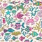 Cartoon set with sea live, vector set. Colorful sea animals, sea world seamless pattern, under water world wallpaper with fish, oc