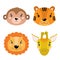 Cartoon set Vector Animals face,four objects. Monkey, lion, tiger, giraffe.