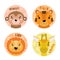 Cartoon set Vector Animals face,four objects. Monkey, lion, tiger, giraffe.