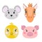 Cartoon set Vector Animals farm face,four objects mouse, pig, horse, chick.