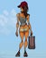 Cartoon sexy slim woman in bikini sneakers and cap with a suitcase in hand