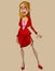 Cartoon sexy woman blonde in a red suit with a skirt